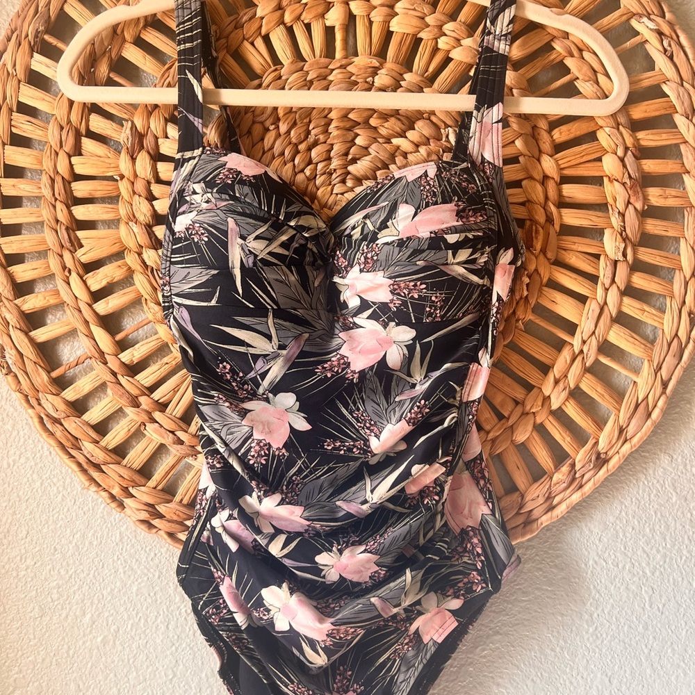 Women’s One-Piece Swimsuit - Black with Pink Floral Print